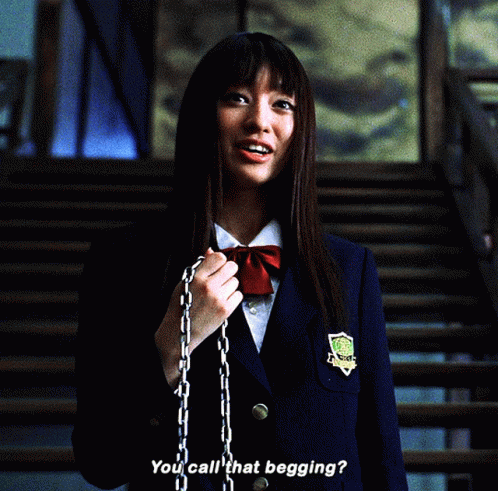 A Woman In A School Uniform Is Holding A Chain And Asking If She Can Call That Begging GIF