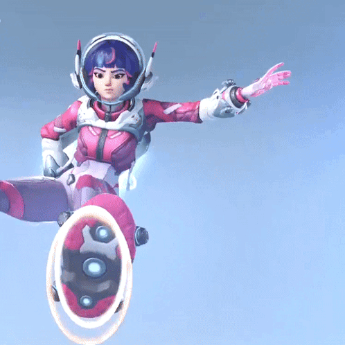 A Woman In A Space Suit Is Flying Through The Air With Her Arms Outstretched GIF
