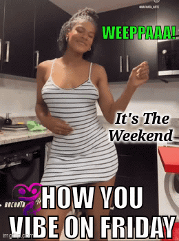 A Woman In A Striped Dress Is Dancing In A Kitchen With The Words " How You Vibe On Friday " GIF