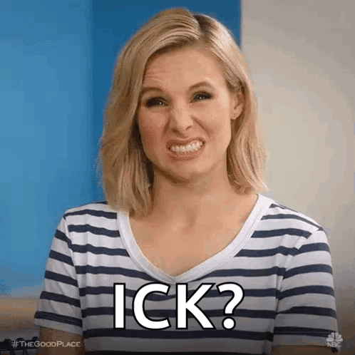 a woman in a striped shirt is making a face and saying ick .