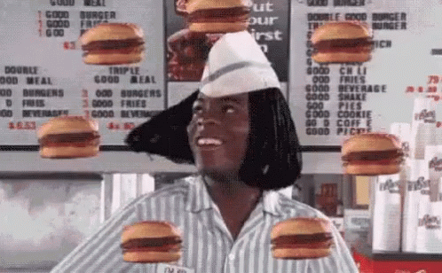 A Woman In A Striped Shirt Is Surrounded By Hamburgers On Her Head . GIF