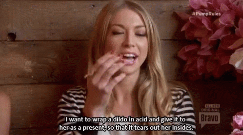 A Woman In A Striped Shirt Says I Want To Wrap A Dildo In Acid And Give It To Her GIF