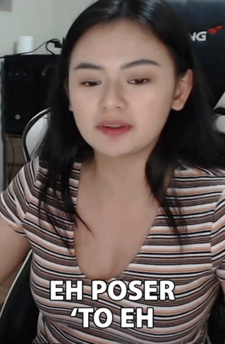 A Woman In A Striped Shirt With The Words Eh Poser To Eh Below Her GIF