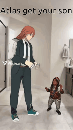 a woman in a suit and tie standing next to a small child with the words atlas get your son on the bottom