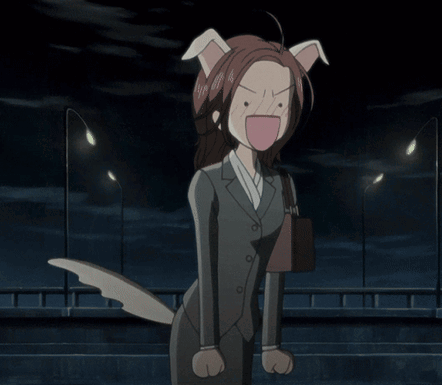 A Woman In A Suit Has A Dog Tail And Ears GIF