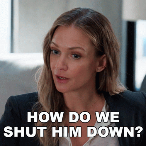 A Woman In A Suit Is Asking How Do We Shut Him Down GIF