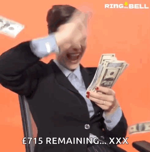 A Woman In A Suit Is Holding A Bunch Of Money And Says " £ 715 Remaining " GIF