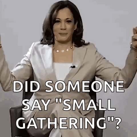 A Woman In A Suit Is Sitting In A Chair And Saying `` Did Someone Say `` Small Gathering `` ? '' GIF