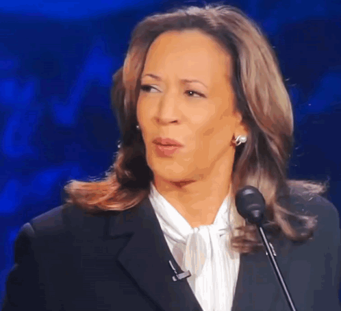 A Woman In A Suit Is Speaking Into A Microphone And Making A Funny Face GIF