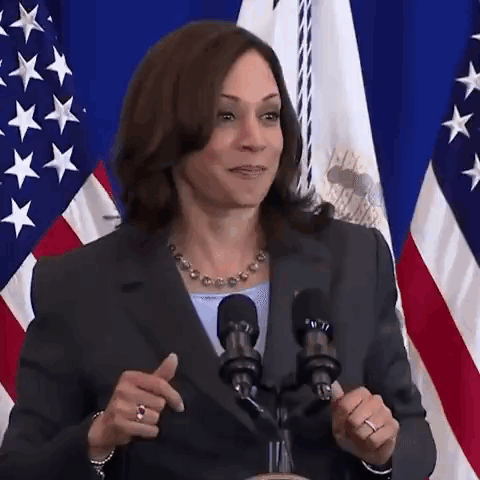 A Woman In A Suit Is Standing In Front Of A Microphone In Front Of An American Flag . GIF