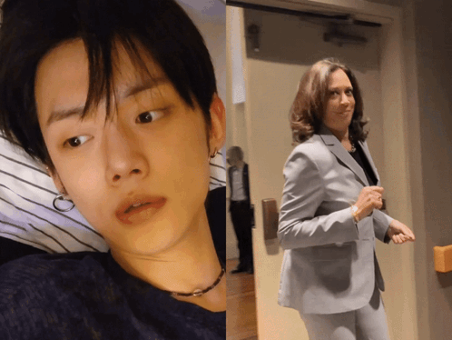 A Woman In A Suit Is Standing Next To A Man GIF