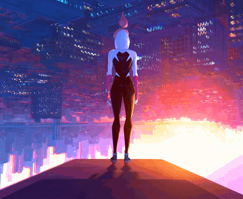 A Woman In A Superhero Costume Stands In Front Of A City Skyline GIF