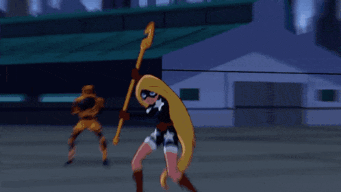 A Woman In A Superhero Outfit Is Flying Through The Air While Holding A Sword GIF