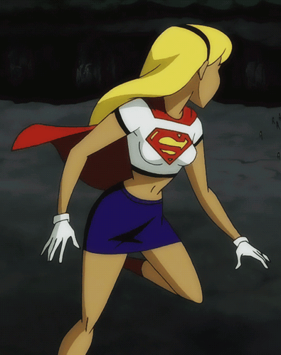 A Woman In A Superman Costume Is Kneeling Down GIF
