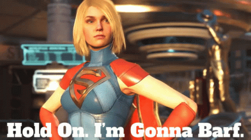 A Woman In A Superman Costume Is Standing In Front Of A Sign That Says Hold On I 'M Gonna Barf GIF