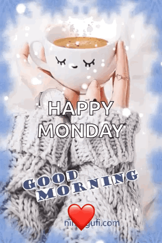 A Woman In A Sweater Is Holding A Cup Of Coffee And Says Happy Monday Good Morning GIF