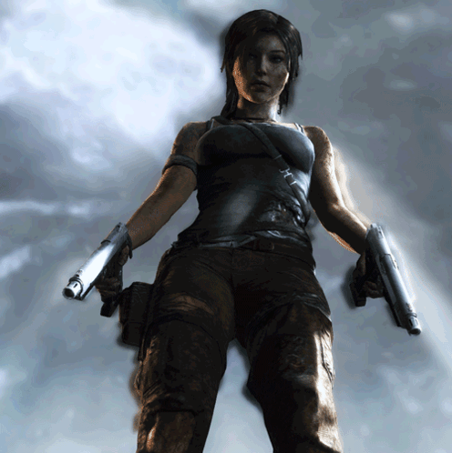 A Woman In A Video Game Holding Two Guns In Front Of A Cloudy Sky GIF