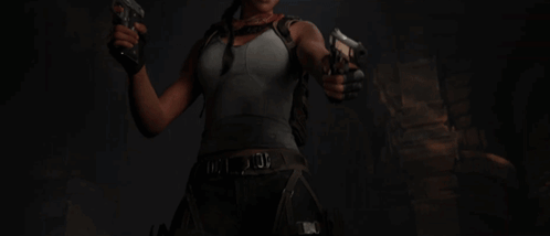 A Woman In A Video Game Holding Two Guns With A Belt That Says ' 00 ' On It GIF