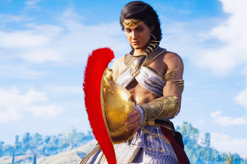 Woman Holding Helmet With Red Feather GIF