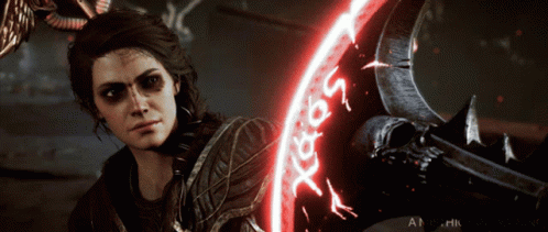 A Woman In A Video Game Is Holding A Sword With A Red Circle Around It That Says Xeron On It GIF