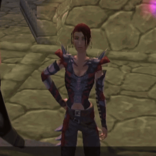 A Woman In A Video Game Is Standing In Front Of Purple Lights GIF