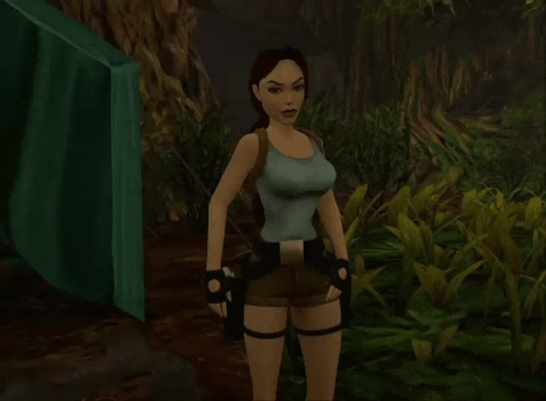 A Woman In A Video Game Is Standing In The Woods GIF