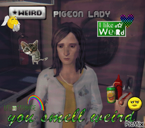 A Woman In A Video Game Is Surrounded By Weird Stickers And Says " You Smell Weird " GIF