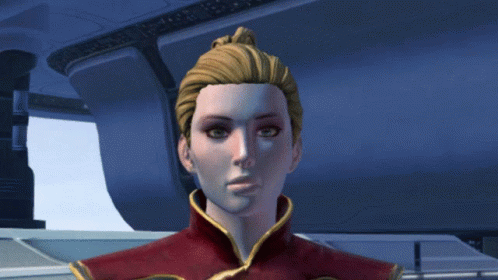 A Woman In A Video Game Stands In Front Of A Statue Of A Man GIF
