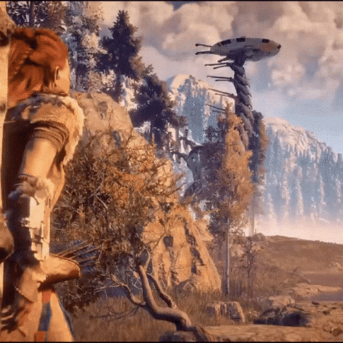 A Woman In A Video Game Stands In Front Of A Tree With A Ufo In The Background GIF