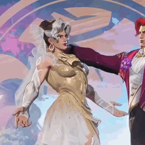 A Woman In A Wedding Dress Is Dancing With A Man In A Suit . GIF