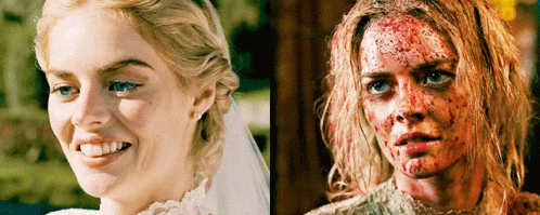 A Woman In A Wedding Dress Is Smiling Next To Another Woman With Blood On Her Face GIF