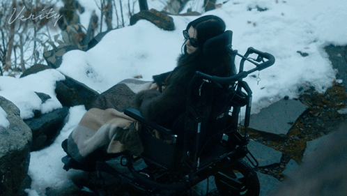 A Woman In A Wheelchair Is Sitting In The Snow With The Word Verity Written On The Bottom GIF