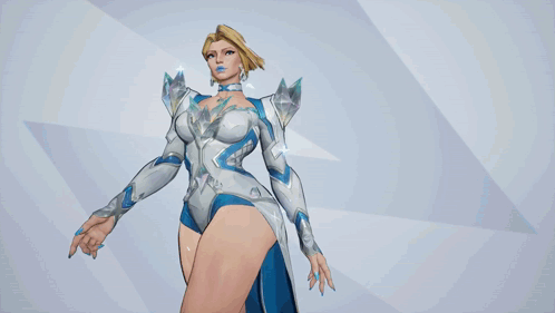 A Woman In A White And Blue Outfit Is Standing In Front Of A Blue Background That Says Emm GIF