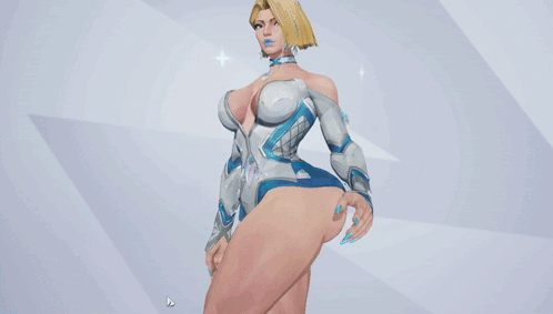 A Woman In A White And Blue Outfit Is Standing In Front Of A Sign That Says Emma Fro GIF