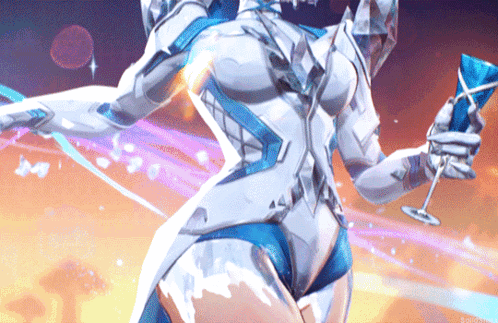 A Woman In A White And Blue Suit Is Holding A Glass GIF