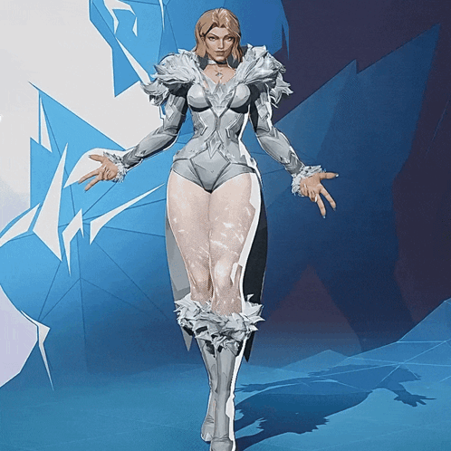 A Woman In A White And Silver Outfit Stands In Front Of A Blue Background GIF