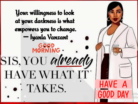 A Woman In A White Coat Is Holding A Cup Of Coffee And A Good Morning Message GIF
