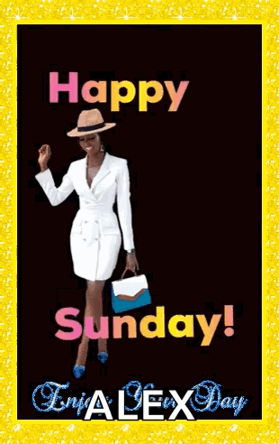 A Woman In A White Dress And Hat Is Holding A Purse On A Sunday Greeting Card . GIF