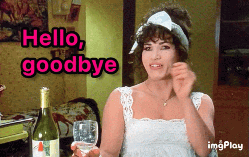 A Woman In A White Dress Holds A Glass Of Wine And Says Hello Goodbye GIF