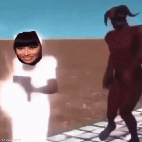 Woman In White Dress Holding Gun Next To Horned Man GIF