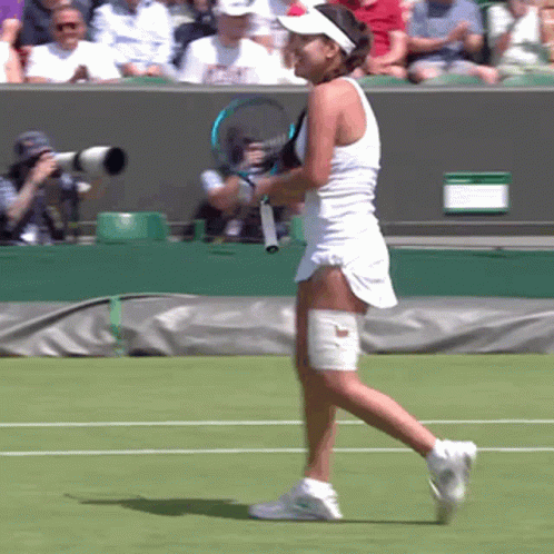 A Woman In A White Dress Is Holding A Tennis Racket On A Tennis Court GIF