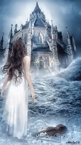A Woman In A White Dress Is Holding A Violin In Front Of A Large Building GIF