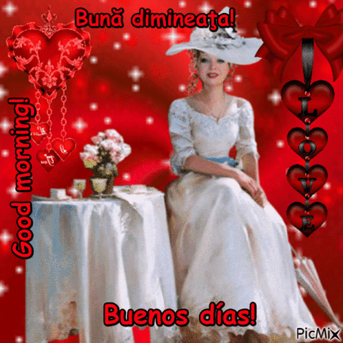 A Woman In A White Dress Is Sitting At A Table With The Words Buenos Dias In Red GIF