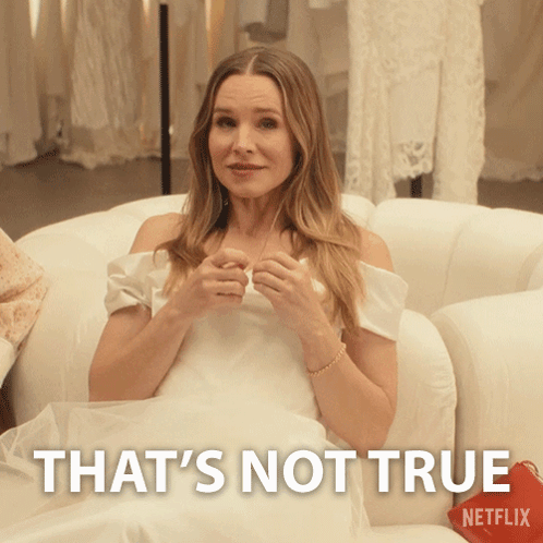 A Woman In A White Dress Is Sitting On A White Couch With The Words That 'S Not True Netflix On The Bottom GIF