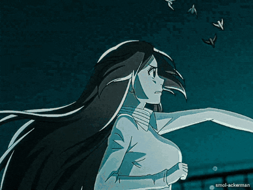 a woman in a white dress is standing in front of a circle of light with smol-ackerman written on the bottom right
