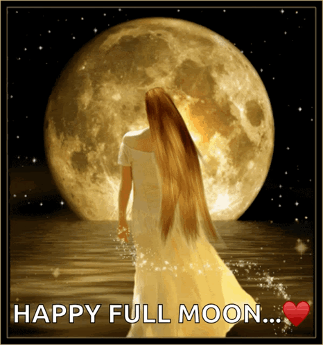 A Woman In A White Dress Is Standing In Front Of A Full Moon With The Words Happy Full Moon Below Her GIF