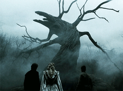 A Woman In A White Dress Is Standing In Front Of A Tree GIF