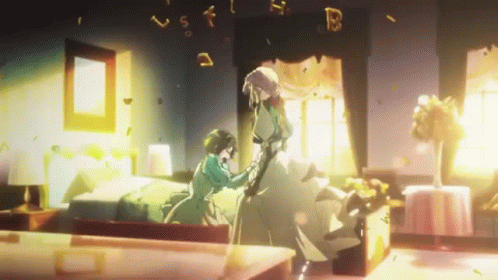 A Woman In A White Dress Is Standing Next To A Boy In A Bedroom . GIF