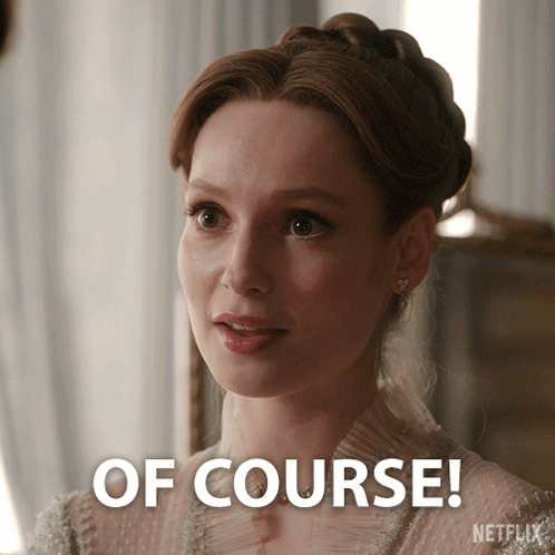 A Woman In A White Dress Says " Of Course " In Front Of Her GIF