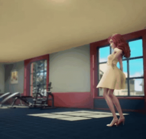 A Woman In A White Dress Stands In A Gym GIF